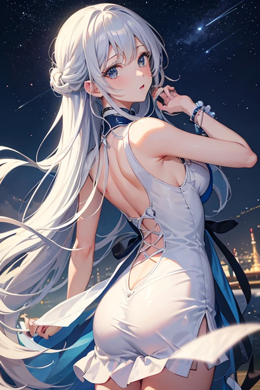 masterpiece, Highest quality, High resolution，Follow the on-screen instructions、Anime Style、Follow the prompts、One Girl、Long silver hair、、Wish、Close your eyes, clasp your hands, and bend your elbows、shooting star、Night Sky