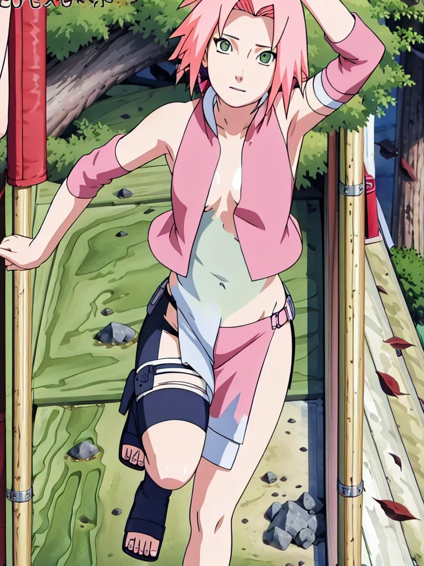 Sakura Haruno nude,wide hips,abdomen,sexy ,Show your armpits,jump,On the tree,IPST,(( naked,Torn shirt,full body,sleep, In the forest,open shirt,nipple))