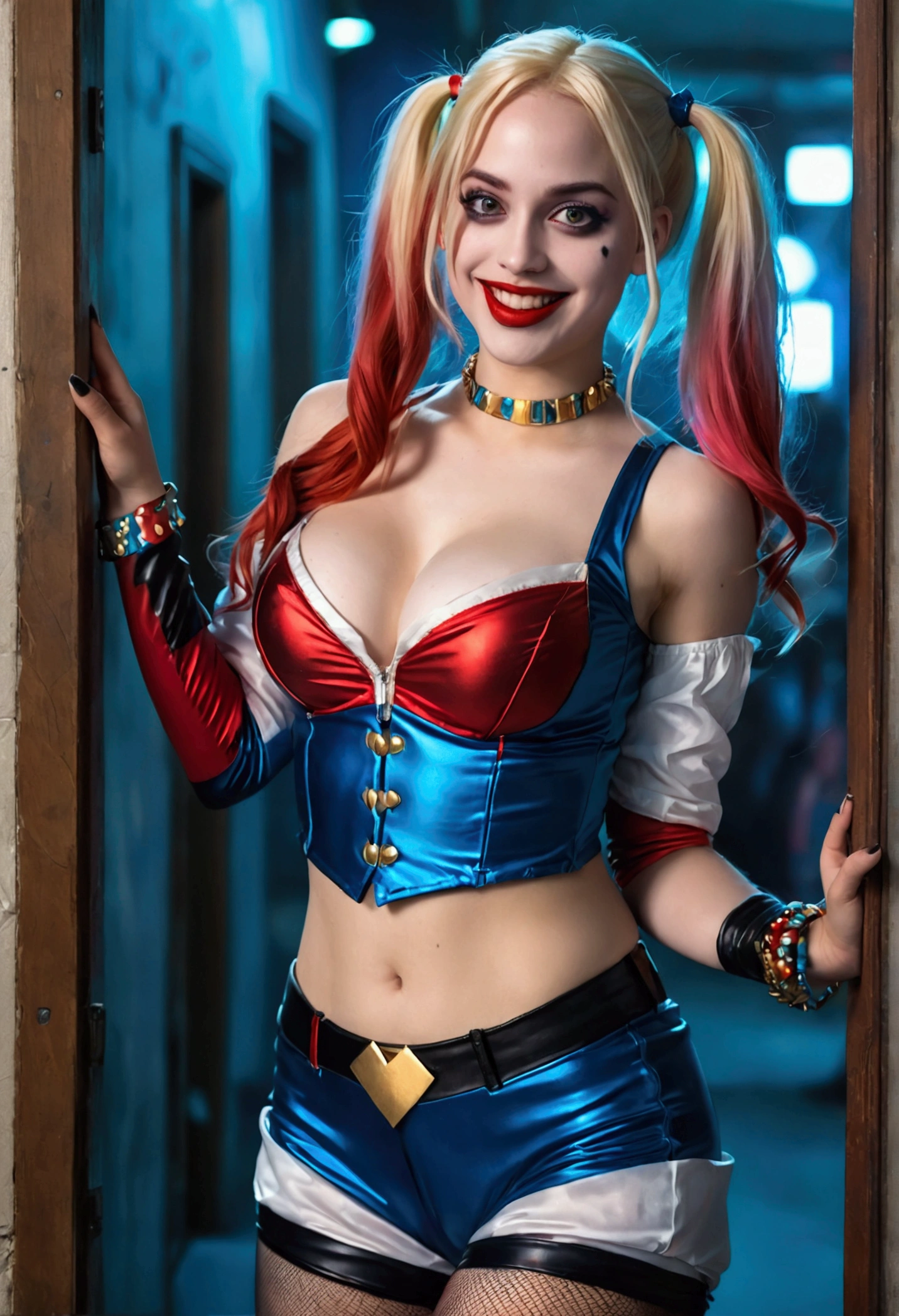 ultra realistic, photography, long red hair, girl, 24 years old, hourglass figure, perfect body, Flirty look, extremely detailed artgerm, in the style artgerm, small breasts, facing the camera, lens 35 mm, blur background, red and blue Harley Quinn costume (from the 2016 suicide squad movie), lively costume party as background, laughing, full body picture, full body, tights