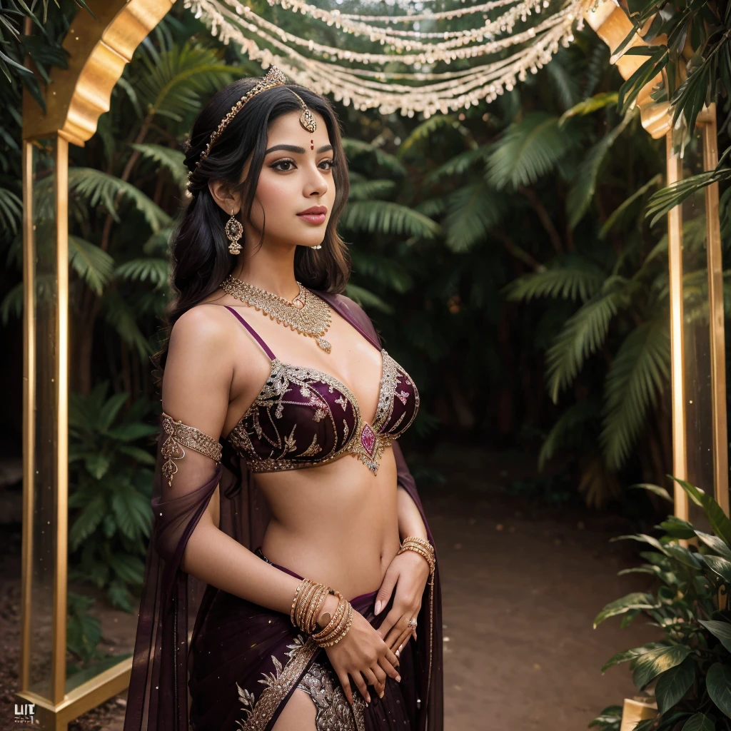 (((Stunningly Beautiful persian Princesss ))), elegant red black updo hair, Janhvi Kapoor, Laetitia Casta, sweet smile, Beautiful bride posing under a fairy tale arch of exotic magical flowers, looking back,elaborate scene style, crystal glass lattice, glitter, transparent embroidered lace, realistic style, 8k,exposure blend, medium shot, bokeh, (hdr:1.4), (cinematic), ( dark tones:1.3), (hyperdetailed:1.2),Realism,1 girl,girl wearing indian saree(dressed in transparent saree)(wearing glitter graphics jewelry)big bright light ,long_hair, Bokeh ,nsfw , indian ,tree branch, colourfull ,undersized bra,princess dress,lehenga choli big breast nipple nice clevage 