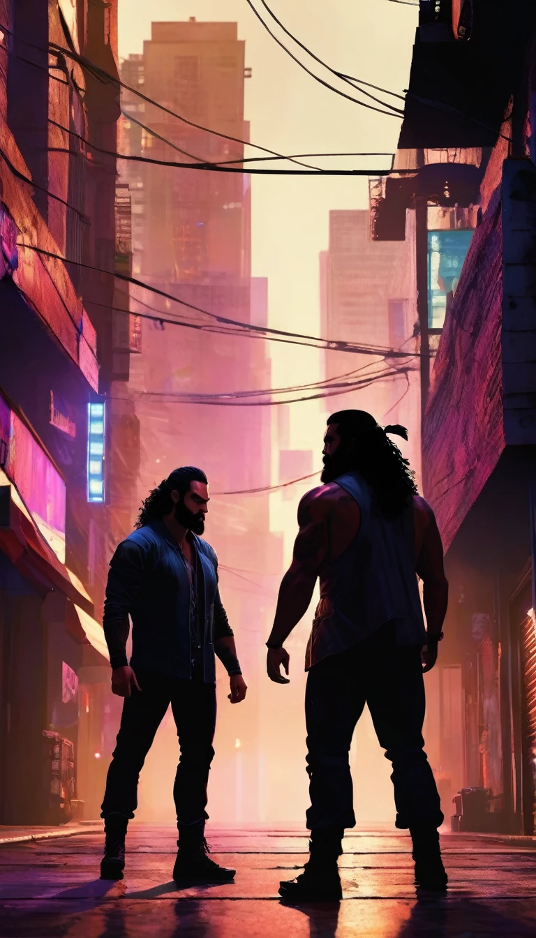 Two rockers heading in opposite directions, (((both depicted as silhouettes with no visible facial features))). One silhouette is a man with long black hair tied in a samurai bun and a full beard (jason momoa). The other silhouette is a slightly chubby man with a brown beard and afro-textured hair (jack black). Both have muscular male bodies and are captured in dynamic poses. The background is a grungy urban environment with neon lights, moody lighting, and a cinematic angle. The scene is highly detailed and photorealistic, with an 8k resolution and an award-winning digital art style