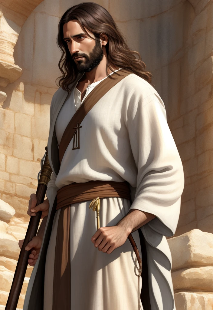 A beautiful ultra-thin realistic portrait of Jesus the prophet, a 33-year-old man Hebrew brunette, short brown hair, long brown beard, with staff in hand, wearing long linen tunic closed on the chest part, in front view, full body, biblical, realistic, Digital art, style, watercolor