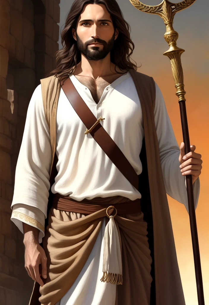 A beautiful ultra-thin realistic portrait of Jesus the prophet, a 33-year-old man Hebrew brunette, short brown hair, long brown beard, with staff in hand, wearing long linen tunic closed on the chest part, in front view, full body, biblical, realistic, Digital art, style, watercolor