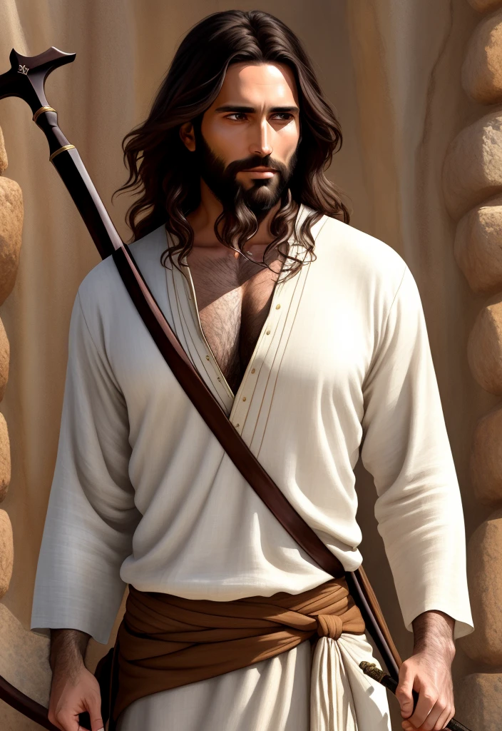 A beautiful ultra-thin realistic portrait of Jesus the prophet, a 33-year-old man Hebrew brunette, short brown hair, long brown beard, with staff in hand, wearing long linen tunic closed on the chest part, in front view, full body, biblical, realistic, Digital art, style, watercolor