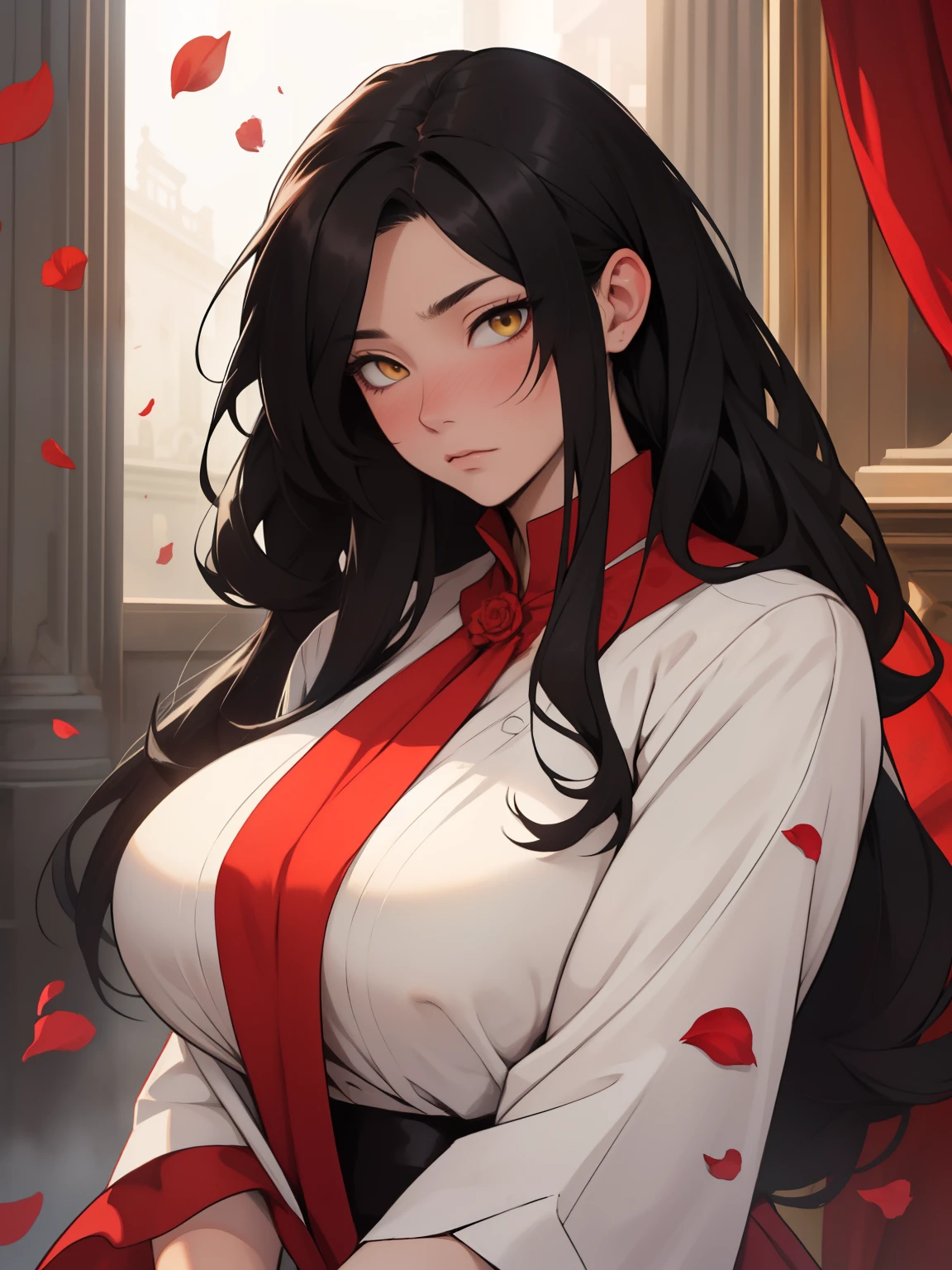 hair flaps massive hair long hair black hair onyx pale skin yellow eyes huge muscles huge breasts empty eyes empty eyes blush girl red silk red silk silk sad pale red silk sad rose petals marble columns