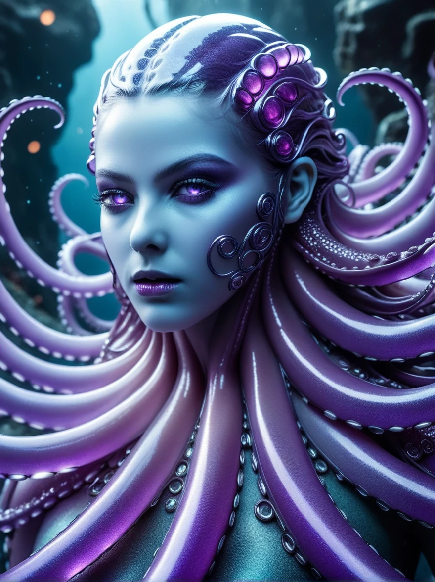 A gleaming tentacled titan, shimmering with an otherworldly luminosity amidst tangled metallic appendages: its gigantic form captured in a hyper-realistic photograph, showcasing every intricate detail in stunning HDR. The tentacles glisten in vibrant hues of silver and violet, each one pulsating with a mysterious energy, while its massive, multi-faceted eyes seem to hold secrets untold. The image is a masterpiece of digital art, evoking a sense of awe and wonder in the viewer, as they are drawn into the enigmatic world of this ethereal creature.