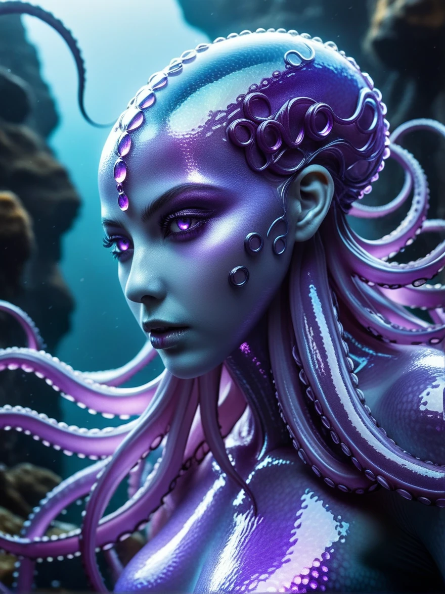 A gleaming tentacled titan, shimmering with an otherworldly luminosity amidst tangled metallic appendages: its gigantic form captured in a hyper-realistic photograph, showcasing every intricate detail in stunning HDR. The tentacles glisten in vibrant hues of silver and violet, each one pulsating with a mysterious energy, while its massive, multi-faceted eyes seem to hold secrets untold. The image is a masterpiece of digital art, evoking a sense of awe and wonder in the viewer, as they are drawn into the enigmatic world of this ethereal creature.