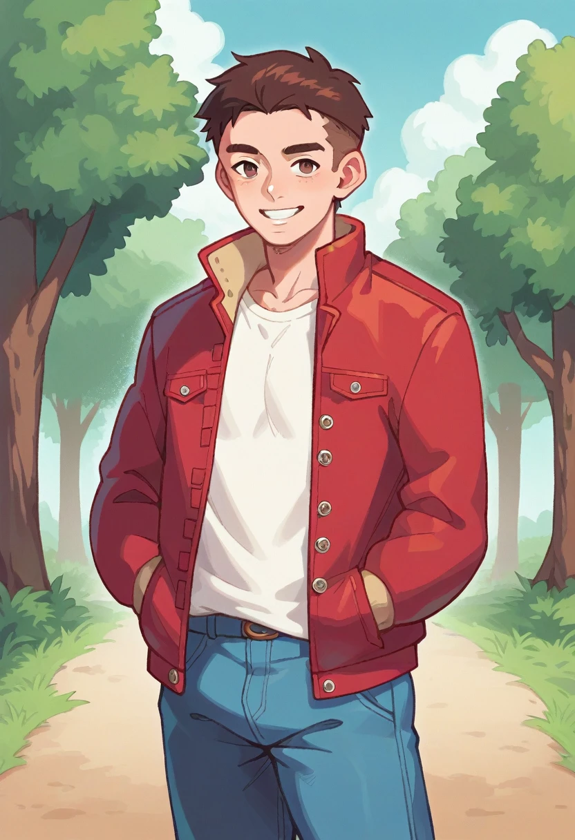 (((Masterpiece))), best quality, cowboy shot, perfect anatomy, (detailed face), outdoors, sunny, warm sunlight, (((realistic faces))), realistic anatomy, painterly)) 1boy, shota, solo, smile, shotacon, red jacket, three quarter view