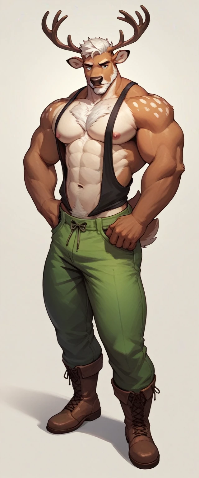 Deer anthropomorphic, male chest, press, Navel, nipples, full length, big dick, broad shoulders, muscular, white short beard, short white hair, white chest hair, green pants, Brown boots, black tank top, 