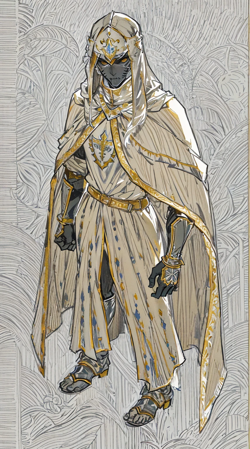 Templar warrior in armor, wearing armor and a white skirt, he also wears a cloak with gold borders, the leper king balduin iv