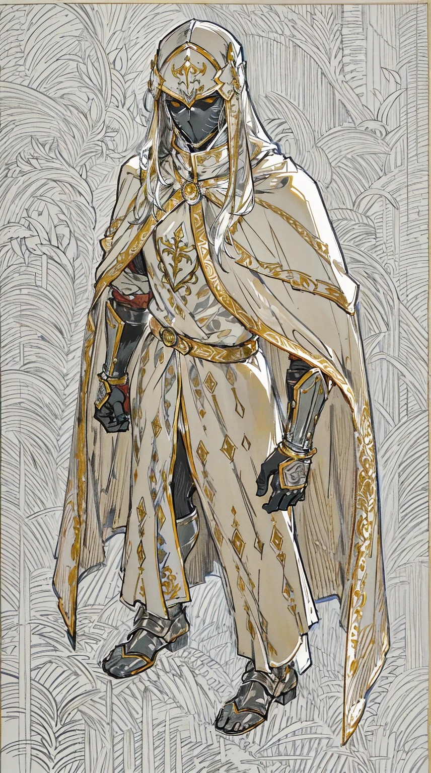 Templar warrior in armor, wearing armor and a white skirt, he also wears a cloak with gold borders, the leper king balduin iv