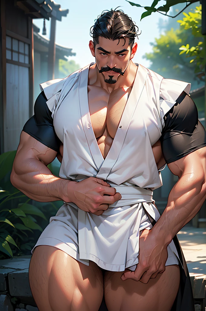 ((a skinny latino boy with a japanese maid outfit)) with beautiful detailed eyes, beautiful detailed lips, ((extremely detailed face, mustache, huge a fat pectorals, very tight breast area, thick legs,)) high quality, 4k, 8k, hyperrealistic, masterpiece, cinematic, dramatic lighting, vivid colors, photo-realistic