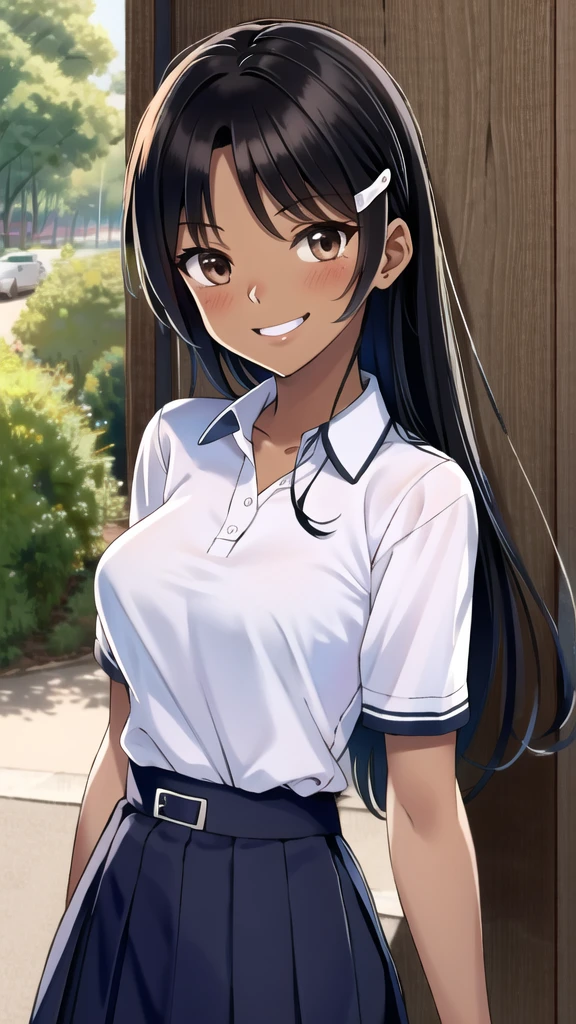 ((best quality)), ((masterpiece)), (details), one girl, sexy ((best quality)), ((masterpiece)), (details), one girl, sexy ((best quality)), ((masterpiece)), (details), one girl, full body, sexy expensive body, expensive, long legs, mature woman, mature, adult, it_nagatoro_main, Hayase Nagatoro, one girl, blushing, alone, uniform polo shirt, short sleeves, black hair,brown eyes, hair accessory, looking at viewer, hair clip, smiling, long hair, dark skinned woman, dark skin, , bangs, daytime, skirt, collared shirt, collarbone, ear clip, mouth closed, tree, asymmetrical bangs, upper body