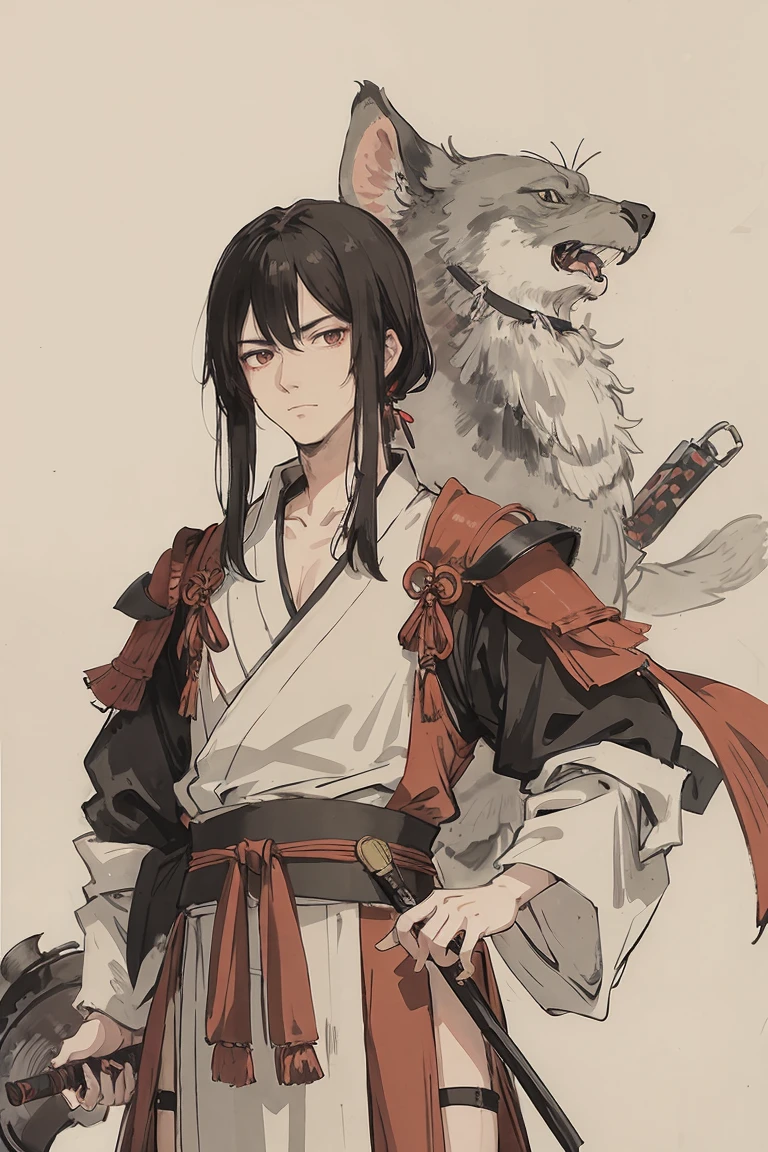 sparrow, a black haired men, wearing a red samurai armor, medium hair, samurai armor, slim body, shirt ornament, hakama, men, handsome face, tall 187cm, 25yearold, samurai