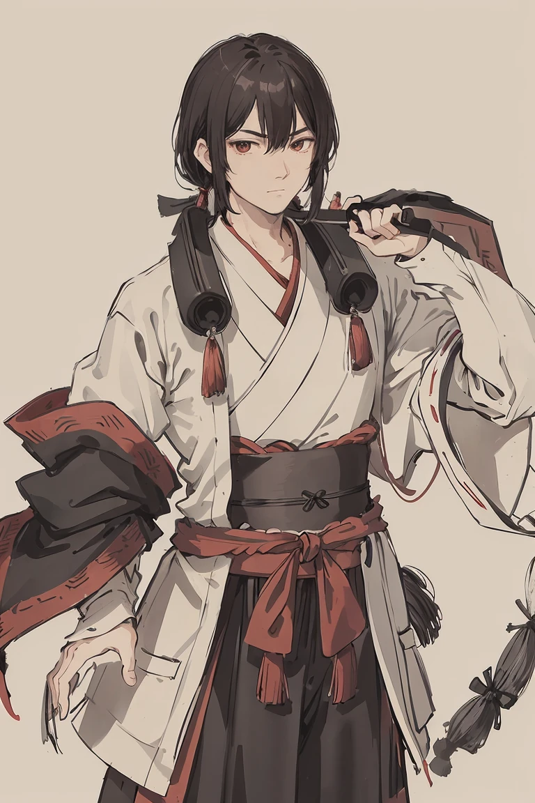 sparrow, a black haired men, wearing a red samurai armor, medium hair, samurai armor, slim body, shirt ornament, hakama, men, handsome face, tall 187cm, 25yearold, samurai