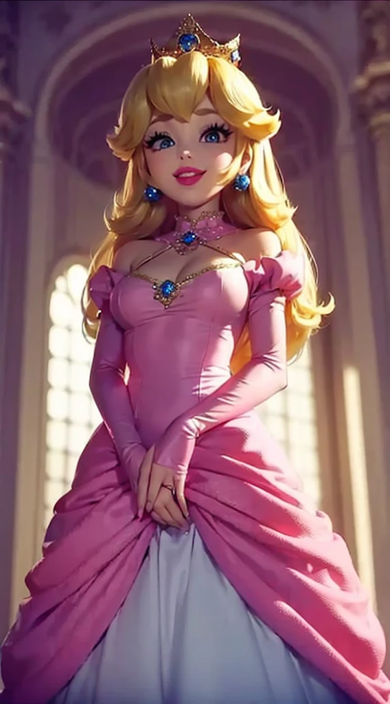 (Inside a castle setting,) A  Princess Peach wearing the tiniest skirt in the world, visible panties, pink polka dotted panties, she is gentleand compassionate and is shown smiling gently, she wears a golden crown atop her blond hair and white gloves. She is a tall, extremely beautiful young princess with a fair skin complexion, light blue eyes, dark yellow eyebrows, and a small nose. She has six long eyelashes on each eye as well as dark eyeliner. Her lips are round with pink lipstick. With a focus on her alluring chest, she is depicted in a close-up shot from below. She is smiling in a full body shot