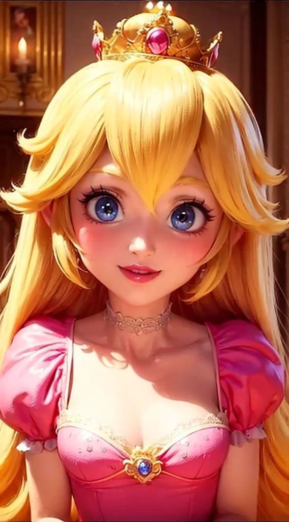 (Inside a castle setting,) A Princess Peach wearing the tiniest skirt in the world, visible panties, pink polka dotted panties, she is gentleand compassionate and is shown smiling gently, she wears a golden crown atop her blond hair and white gloves. She is a tall, extremely beautiful young princess with a fair skin complexion, light blue eyes, dark yellow eyebrows, and a small nose. She has six long eyelashes on each eye as well as dark eyeliner. Her lips are round with pink lipstick. With a focus on her alluring chest, she is depicted in a close-up shot from below. She is smiling in a full body shot