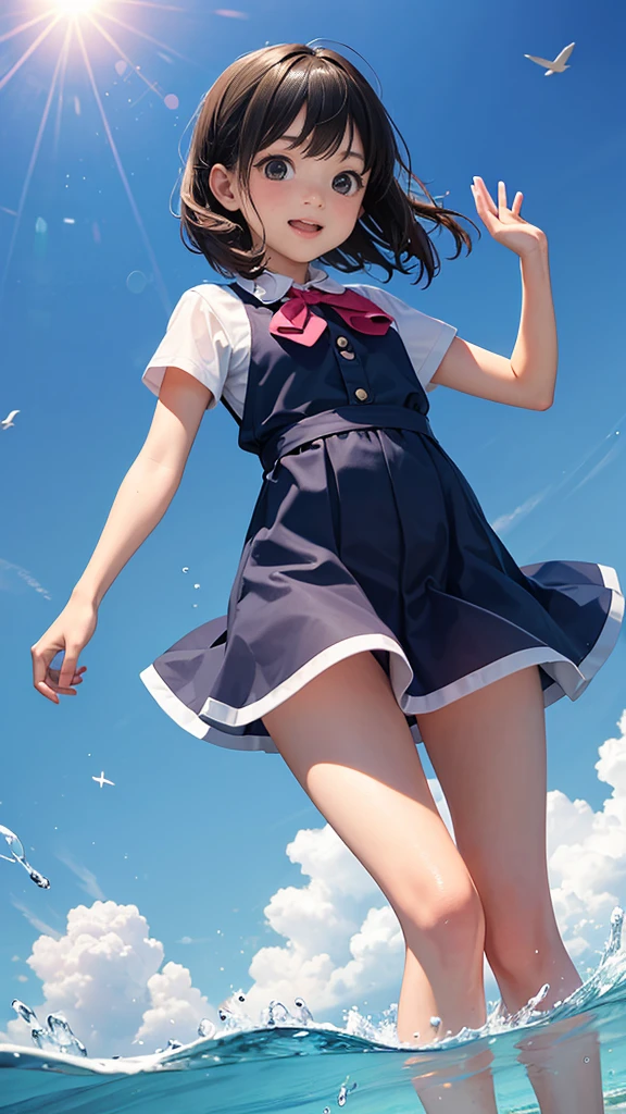 A very cute elementary school girl, around , is swimming in the sea. She looks like she’s having a great time.