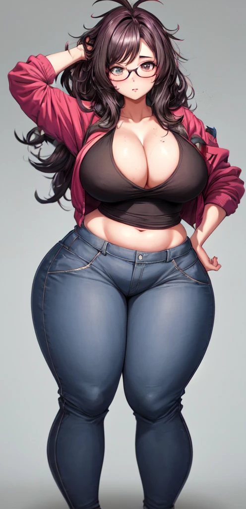 Nerdy girl, thick glasses, messy hair, hyper breasts, wide hips, baggy clothes