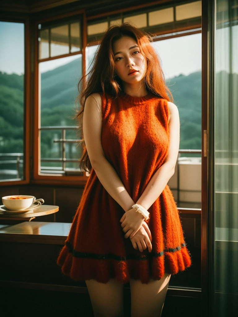full body shot, Best quality, a 20y chubby mongolian women, wearing (bohemian woolen dress:1.3), big breast, (sexy:1.2) (redhead:1.3) hair blowing in the wind, moody atmosphere, sunlight exposure, beautiful shadow, intricate posing in the (hongkong cafe:1.4), kodacrhome, cinematic, natural, perfect direct of photography, realistic face and eyes, realistic skin, ultra highly detailed, sharp focus, beautiful film bokeh, surreal view, candid style, shot by zenit camera with 35mm lens, Portrait by annie leibovitz
