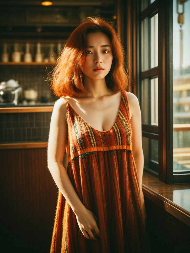 full body shot, Best quality, a 20y chubby mongolian women, wearing (bohemian woolen dress:1.3), big breast, (sexy:1.2) (redhead:1.3) hair blowing in the wind, moody atmosphere, sunlight exposure, beautiful shadow, intricate posing in the (hongkong cafe:1.4), kodacrhome, cinematic, natural, perfect direct of photography, realistic face and eyes, realistic skin, ultra highly detailed, sharp focus, beautiful film bokeh, surreal view, candid style, shot by zenit camera with 35mm lens, Portrait by annie leibovitz