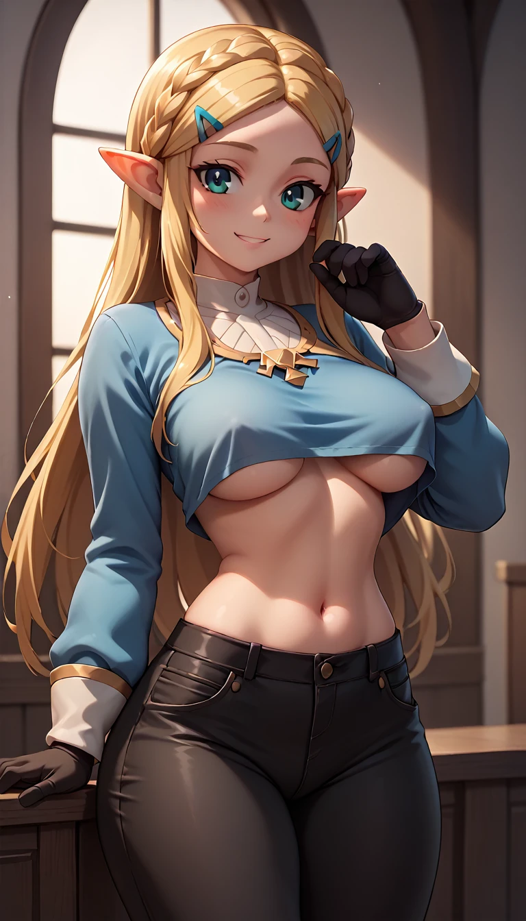 High resolution, Very detailed, perfect lighting, beautiful detailed eyes,   ((masterpiece,Best Quality)), absurdities, alone,     princess zelda, by the width, crown braid, Hair clip, pointy ears, blue shirt, long sleeves, Gloves without fingers, black gloves, Black pants, tight pants, smile, curves, nod,   ,  deep neckline, deep neckline, bare breasts, bare breasts, NSFW, visible nipples, visible nipples 