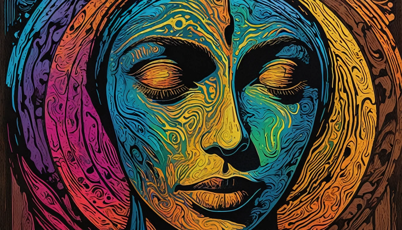 Create a surreal woodcut-style digital image with vibrant colors, Centered on a person experiencing feelings and visions of déjà vu. The image should evoke a spiritual and introspective atmosphere, with elements that highlight the connection between past and present.