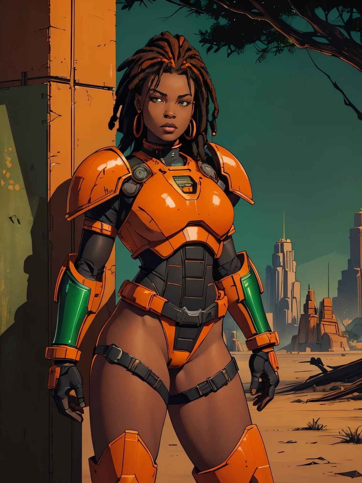 Portrait of African woman with (short black dreadlocks) pulled back, wearing a (heavy orange power armor, mechanical armor) with large (round orange shoulder pads). a tech undersuit visible between the armor pieces, highly textured. (Green bottoms:1.3), (fur belt, fur hips). (Bare thighs, bare legs:1.2). Badlands background with dead trees
