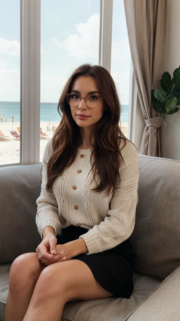 creates a 28 year old girl, long copper brown hair, Oval face, brunette with italian, With glasses, Brown eyes, charismatic, friendly, fashion designer, standing, sitting on the couch having breakfast photos taken with the maximum three-lens camera of the iPhone 14pro, with natural light and shadows, realistic photo With background on the beach with clothing according to the season
