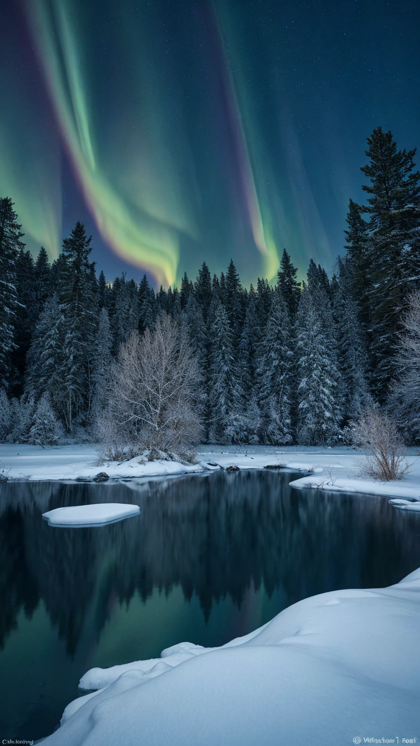A breathtaking aurora borealis dances across the night sky above a crystalline frozen lake. The ethereal green and purple lights reflect off the glassy surface, creating a mesmerizing mirror effect. In the foreground, a solitary figure in a vibrant red parka stands on the shore, silhouetted against the celestial display. Ancient, gnarled pine trees frame the scene, their branches heavy with snow. In a surreal twist, tropical flowers bloom impossibly from cracks in the ice, their vivid colors a stark contrast to the winter landscape. The image evokes a sense of wonder and the unexpected beauty found in nature's most extreme environments.