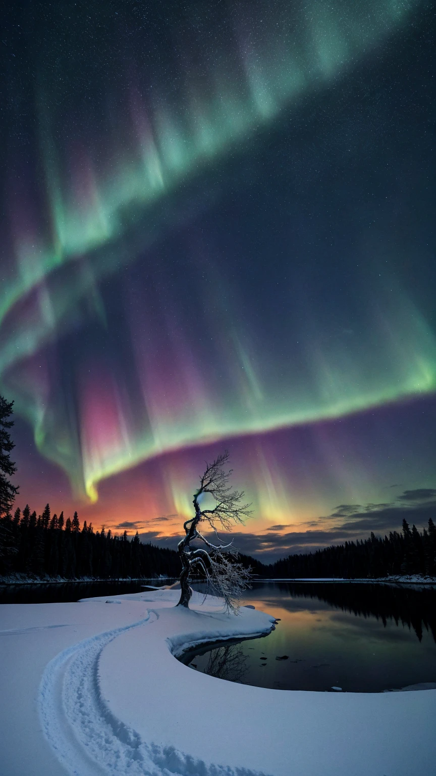 A breathtaking aurora borealis dances across the night sky above a crystalline frozen lake. The ethereal green and purple lights reflect off the glassy surface, creating a mesmerizing mirror effect. In the foreground, a solitary figure in a vibrant red parka stands on the shore, silhouetted against the celestial display. Ancient, gnarled pine trees frame the scene, their branches heavy with snow. In a surreal twist, tropical flowers bloom impossibly from cracks in the ice, their vivid colors a stark contrast to the winter landscape. The image evokes a sense of wonder and the unexpected beauty found in nature's most extreme environments.