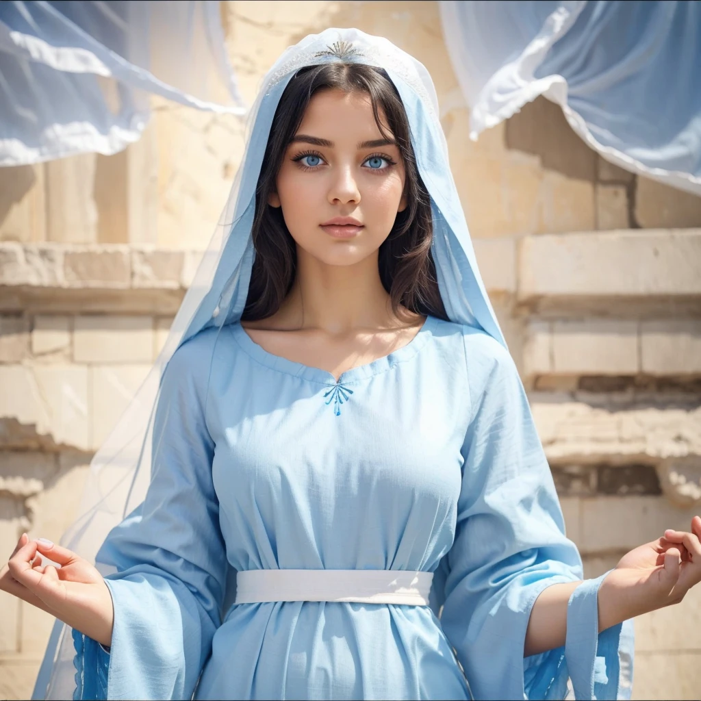 Beautiful woman with light blue eyes, curly black hair, wearing a blue tunic with wide, long sleeves adjusted at the waist by a white sash. Wear a thick white veil. She has open arms. Beautiful female hands