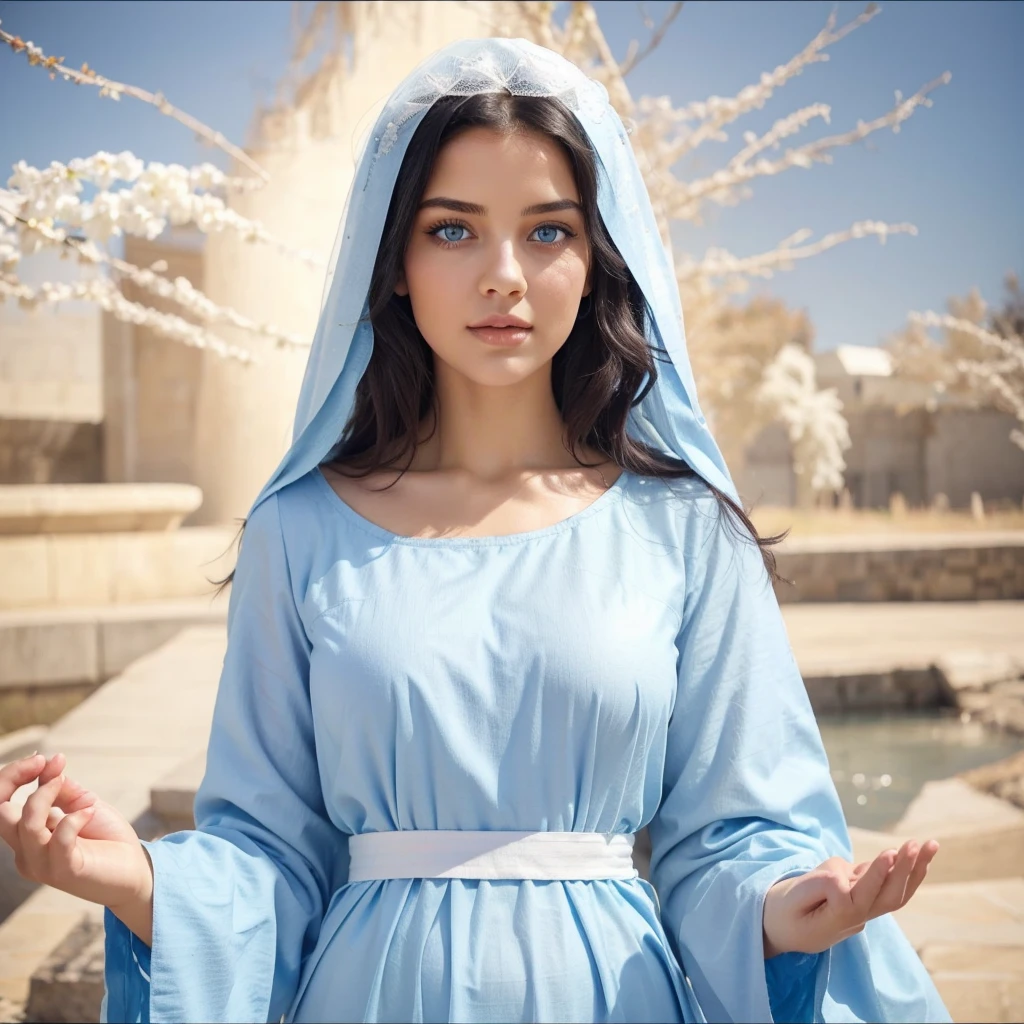 Beautiful woman with light blue eyes, curly black hair, wearing a blue tunic with wide, long sleeves adjusted at the waist by a white sash. Wear a thick white veil. She has open arms. Beautiful female hands