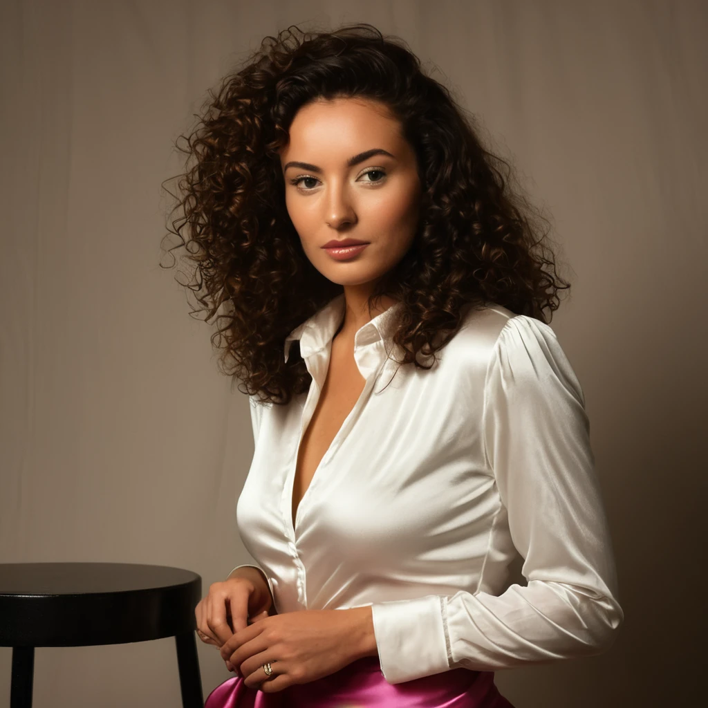 beautiful brazilian, (((round face shape with soft features, prominent cheekbones, delicate jaw, slightly rounded chin, medium forehead with natural, wavy hairline))), (((black hair color, ((小柄)) ((curlies)) with volume))), natural, full eyebrows. (((relaxed pose, sitting on a high stool, cross legs, A slight smile, side look))). (((Wide medium shot, showing the character from the thigh up, gray textured background in photo studio))). highy detailed, age 25, (((large, expressive eyes in dark brown color and tone))). (((Long nose at base, gently curved bridge, rounded nostrils in harmony with the face))). plump, well-defined lips, with volume natural, dark pink tone. high resolution, work of art. Pele realista Fitzpatrick V, with a natural golden tan, some soft freckles on the cheeks and nose. curvy and athletic body, typical of Brazilian women. ((Wearing an elegant silk blouse and a pencil skirt)). Excellent quality, extremely detaild, sharp focus, ((shooting with Canon EOS R5, lente RF 50mm f/1.2L USM)), Proportionate Body, fotorrealism, fot (film grain) (((Studio lighting with soft light, creating light shadows and a cozy atmosphere))) Em primeiro plano