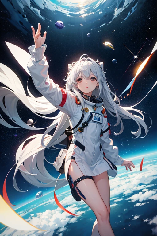 masterpiece, Highest quality, High resolution,Follow the on-screen instructions、Anime Style、Follow the prompts、One Girl、Long silver hair、、universe space、Confused、Spacewalk、Reaching out to the earth、Adrift in Space