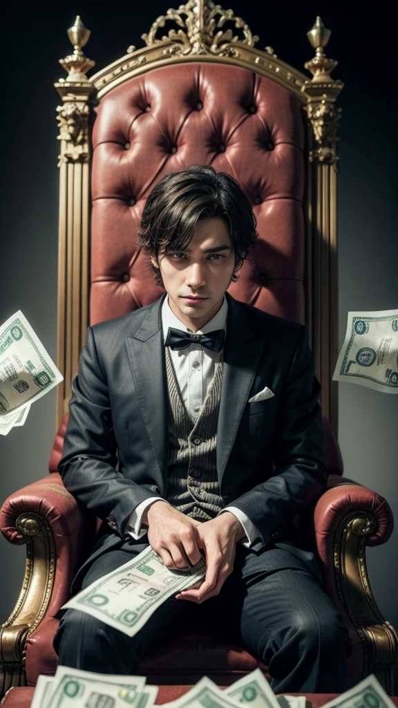 A rich man sitting on a throne with banknotes around him