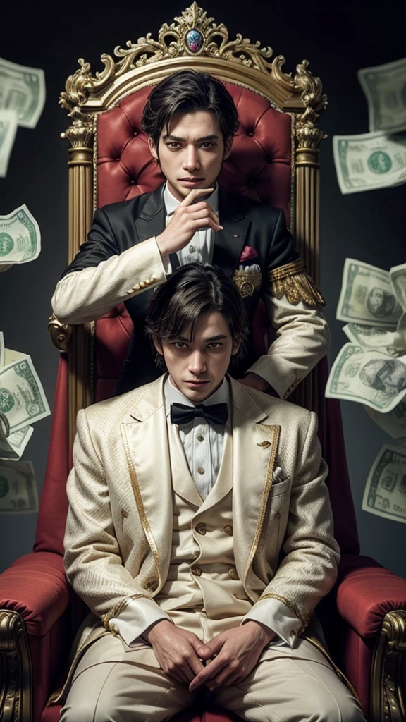 A rich man sitting on a throne with banknotes around him