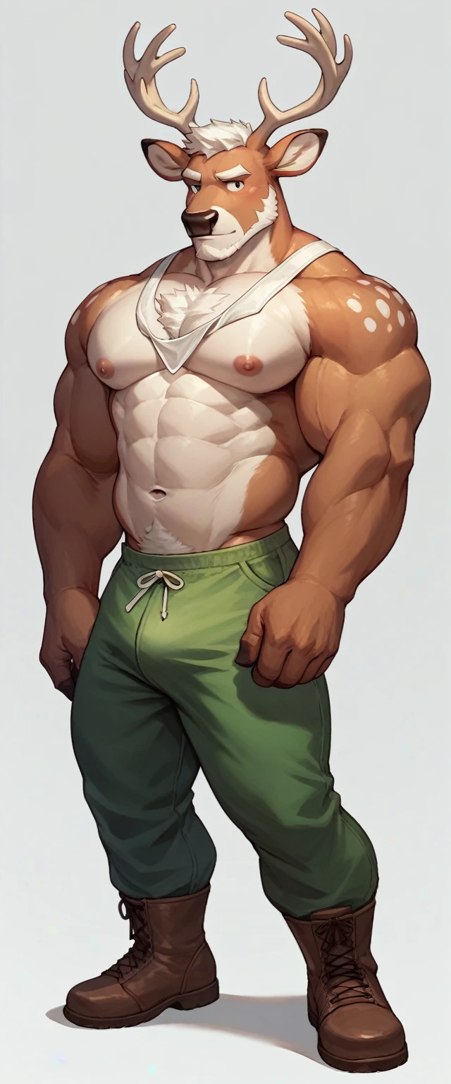 Deer anthropomorphic, male chest, press, Navel, nipples, full length, big dick, broad shoulders, muscular, white short beard, short white hair, white chest hair, green pants, Brown boots, black tank top covering the body, 