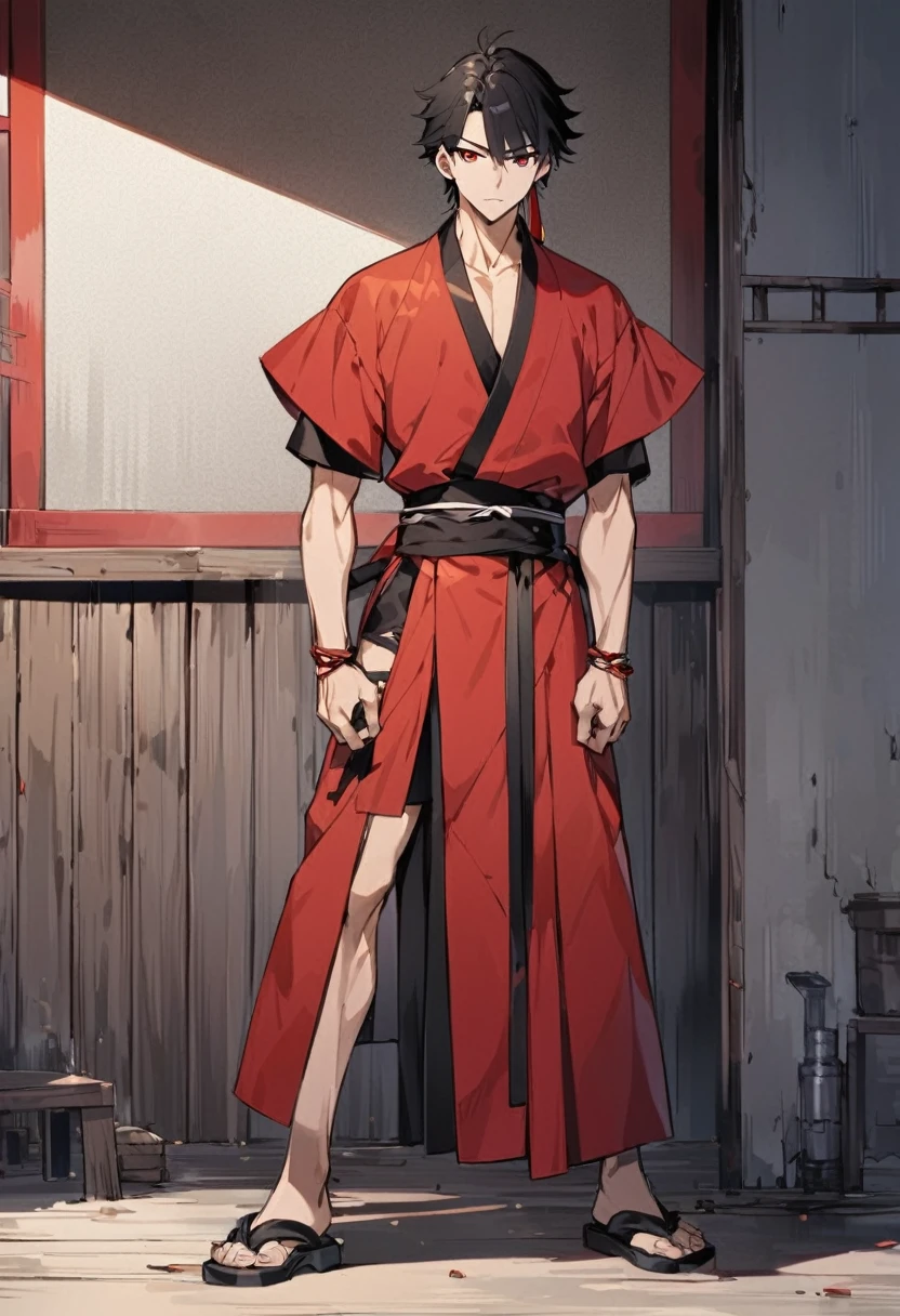 A anime man, black short hair, mullet haircut split in the middle, red eye, black and red kimono, standing, full body, 22age, slightly muscular body, blank scenery