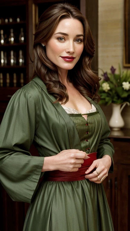 Claire Forlani dressed in y traditional Irish clothing with painted lips and smiling