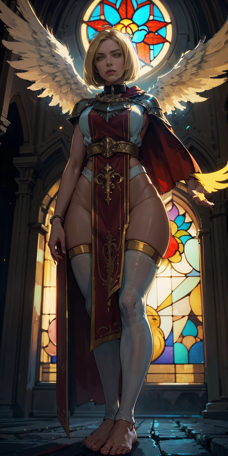 low angle, from below, paladin templar lady in white tabard, legwear, glowing yellow eyes, collar, golden chainmail, wide hips, barefoot, angel wings, pauldrons, halo, bob cut, blonde, eye focus, red cape, temple indoors, decorations, stained glass windows, night, particles, chromatic aberration, detailed, cinematic, dark scene, fantasy