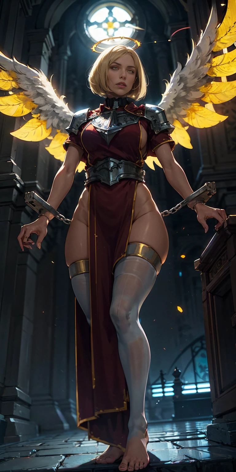 low angle, from below, paladin templar lady in white tabard, legwear, glowing yellow eyes, collar, golden chainmail, wide hips, barefoot, angel wings, pauldrons, halo, bob cut, blonde, eye focus, red cape, temple indoors, decorations, stained glass windows, night, particles, chromatic aberration, detailed, cinematic, dark scene, fantasy