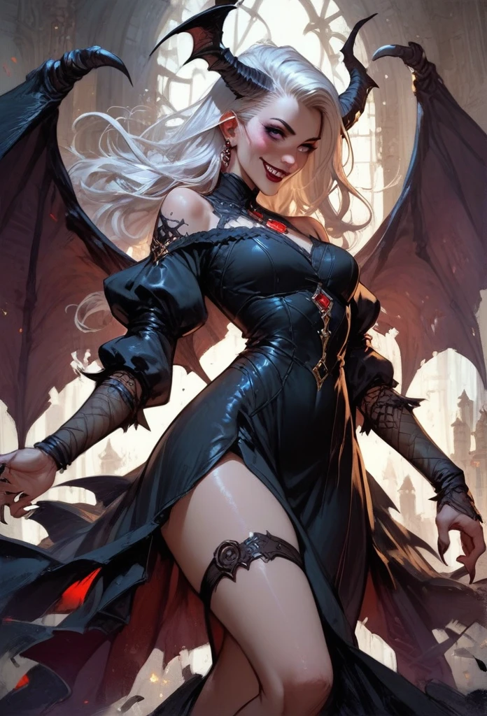 score_9, score_8_up, score_7_up, score_6_up, score_5_up, score_4_up,1girl, vampire, dark dress, thigh strap, red lips, blush, smile, white hair, purple eyes,fantasy,solo focus,epic,black horns, black wings, bat wings, purple eyes, human ears,