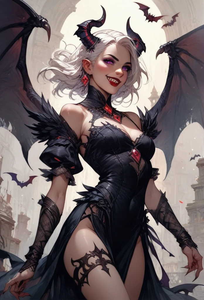 score_9, score_8_up, score_7_up, score_6_up, score_5_up, score_4_up,1girl, vampire, dark dress, thigh strap, red lips, blush, smile, white hair, purple eyes,fantasy,solo focus,epic,black horns, black wings, bat wings, purple eyes, human ears,
