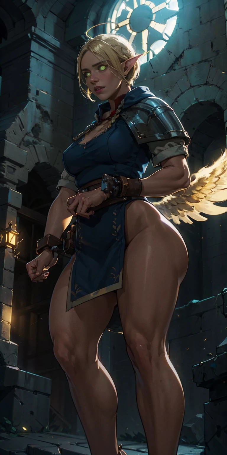 low angle, from below, paladin templar lady in white tabard, legwear, glowing yellow eyes, collar, golden chainmail, wide hips, barefoot, angel wings, pauldrons, halo, bob cut, blonde, eye focus, red cape, temple indoors, decorations, stained glass windows, night, particles, chromatic aberration, detailed, cinematic, dark scene, fantasy