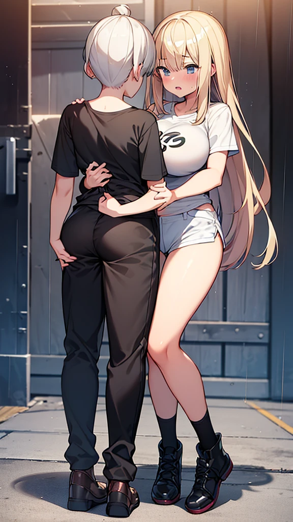 Full body image, front, One girl, 18-year-old, Mix 4, (32K, RAW Photos, Highest quality, masterpiece:1.2), (Anime-like, photoAnime-like:1.37), cute, Short sleeve T-shirt,Shorts,Black knee socks, night, rain, Humidity, Professional Lighting, Photon Mapping, Radio City, Physically Based Rendering, Super Resolution, (Big Breasts:1.2), {{The biological weapon that had preyed on the younger sister took her place and reunited with the older brother, The rebellious little sister has become the obedient little sister}}, Girl Skull, whole body, NSFW