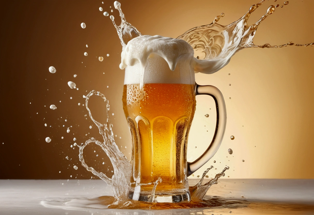 a picture of an hazy beer, beer splashing in the elegant cream color background like in a commercial, everything in focus
