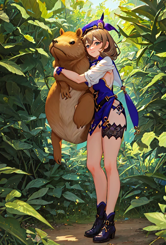 {safe:1.10}, best quality, masterpiece, highres, solo, {lisa_genshin:0.90}, full_body, hugging a capybara