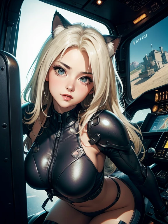 ((highest quality)), ((masterpiece)), (be familiar with), (High definition), 8K, Perfect Face、2Women、Two blonde women with cat ears、((モビルスーツの2cockpitのコックピットでスタンバイ中))、Fearless smile、tall、2 Blonde cat ears、2. Long Hair、2. Volumetric hair style、Large Breasts、Narrow waist、Big Ass、glamorous、Alluring、protector、Armor、combat suit、Combat Boots、Armament、Cinematic、Best Shadow、Side lighting、NEO TOKYO、((cockpit))、(Close-up of face)