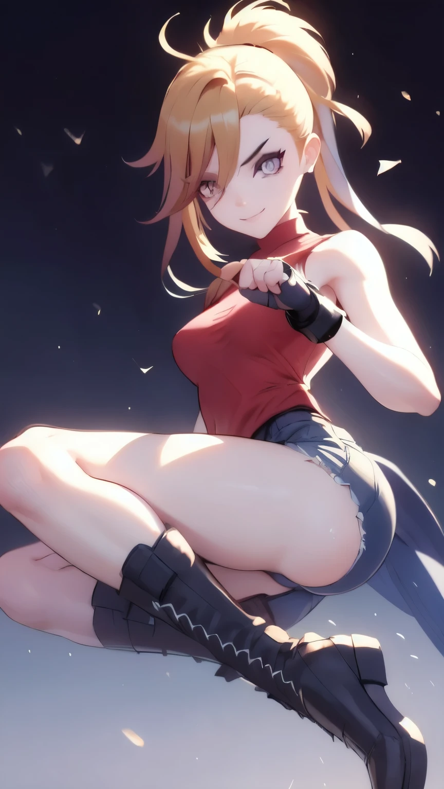 (best quality:1.2),solo,1girl,mdrin,smile,looking at viewer , ultra detailed face, ponytail,v-shaped eyebrows,red shirt, fingerless gloves,black shorts , garden background, warm color tones,soft lighting, Hair over one eye, ultra long hair, victory pose, on hooftop, long boots, long ponytail, blonde